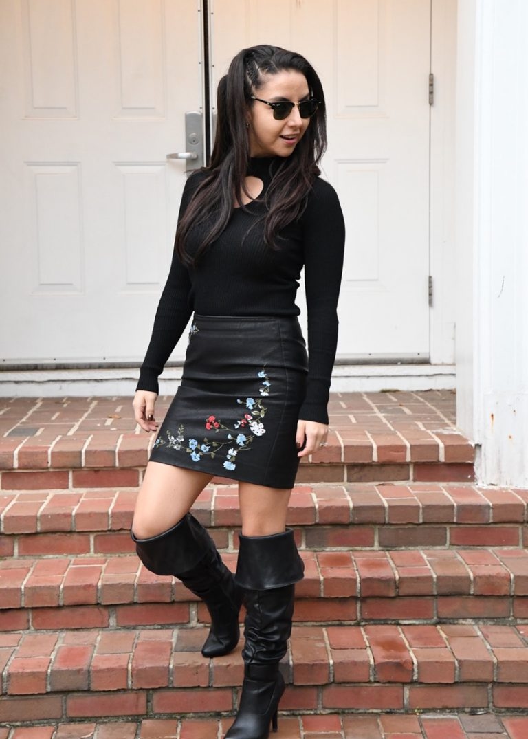 Faux leather and embroidered skirt